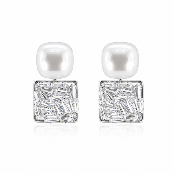 Silver Pearl Crystal Statement Earrings