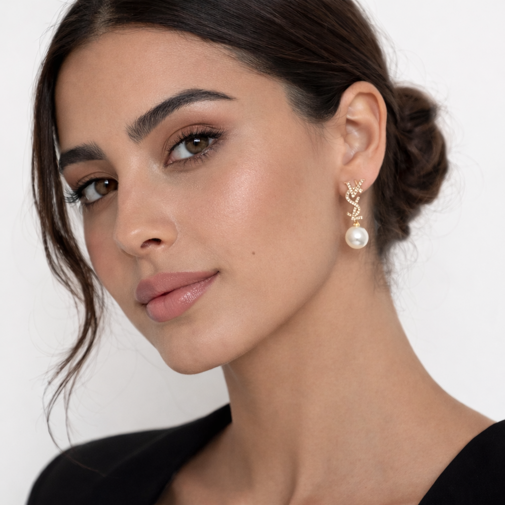 Crystal Monogram Pearl Drop Earrings