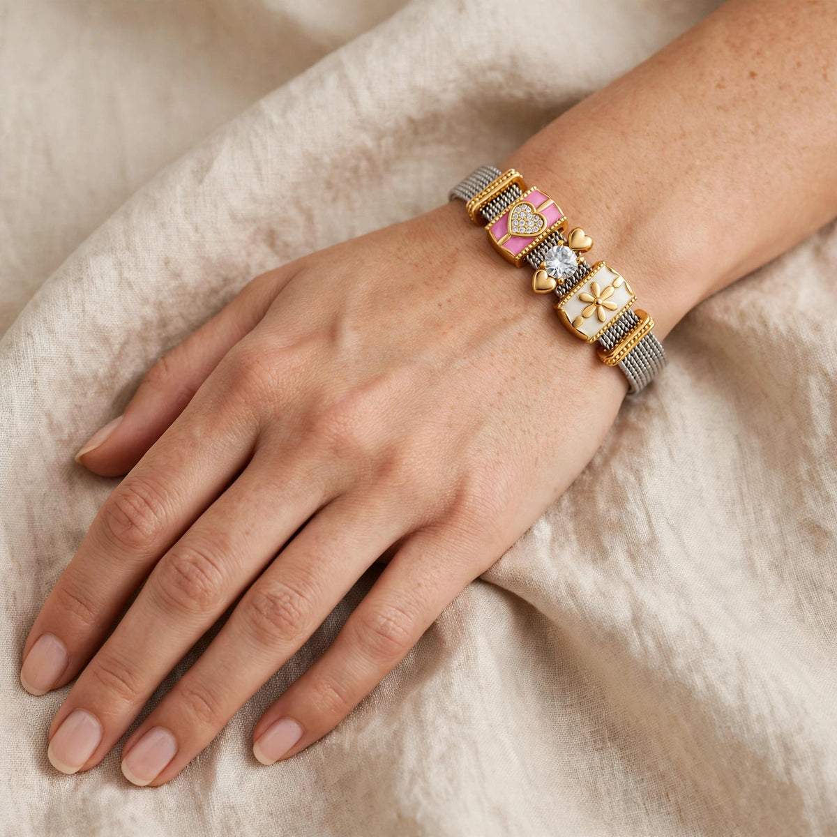 Pink Heart Crystal Mesh Charm Bracelet