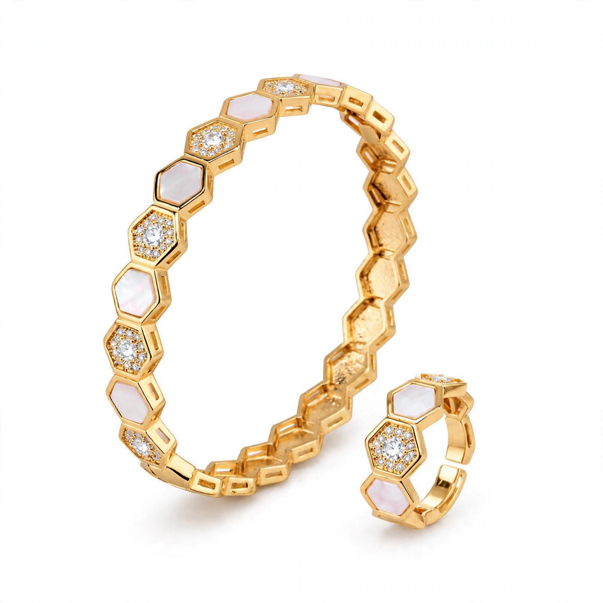 Hexa Pearl Crystal Bracelet with ring