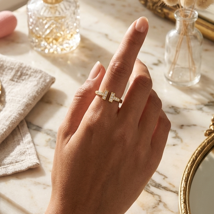 T-Bar Crystal Gold Ring