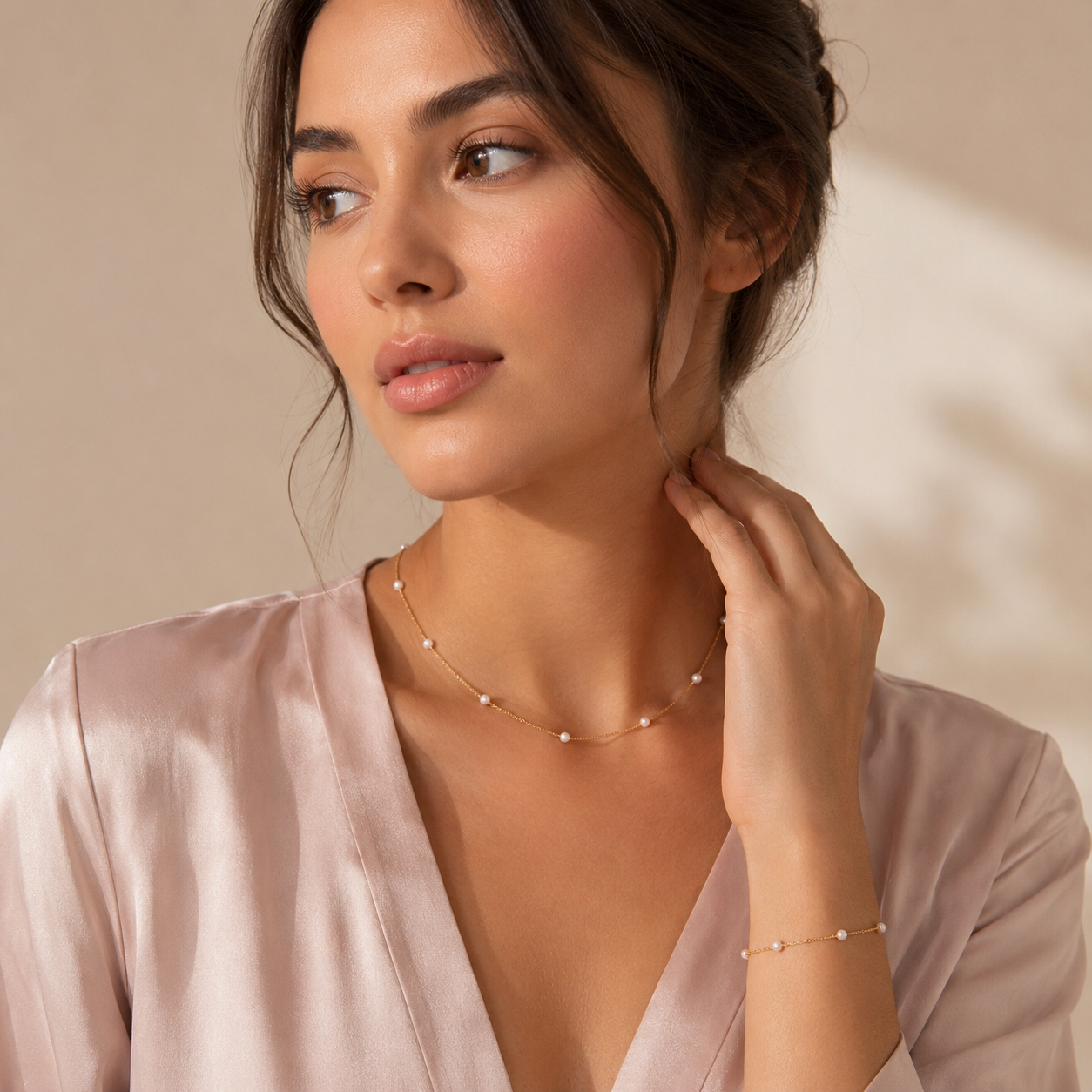 14K Gold Plated Silver Pearl Necklace & Bracelet Set