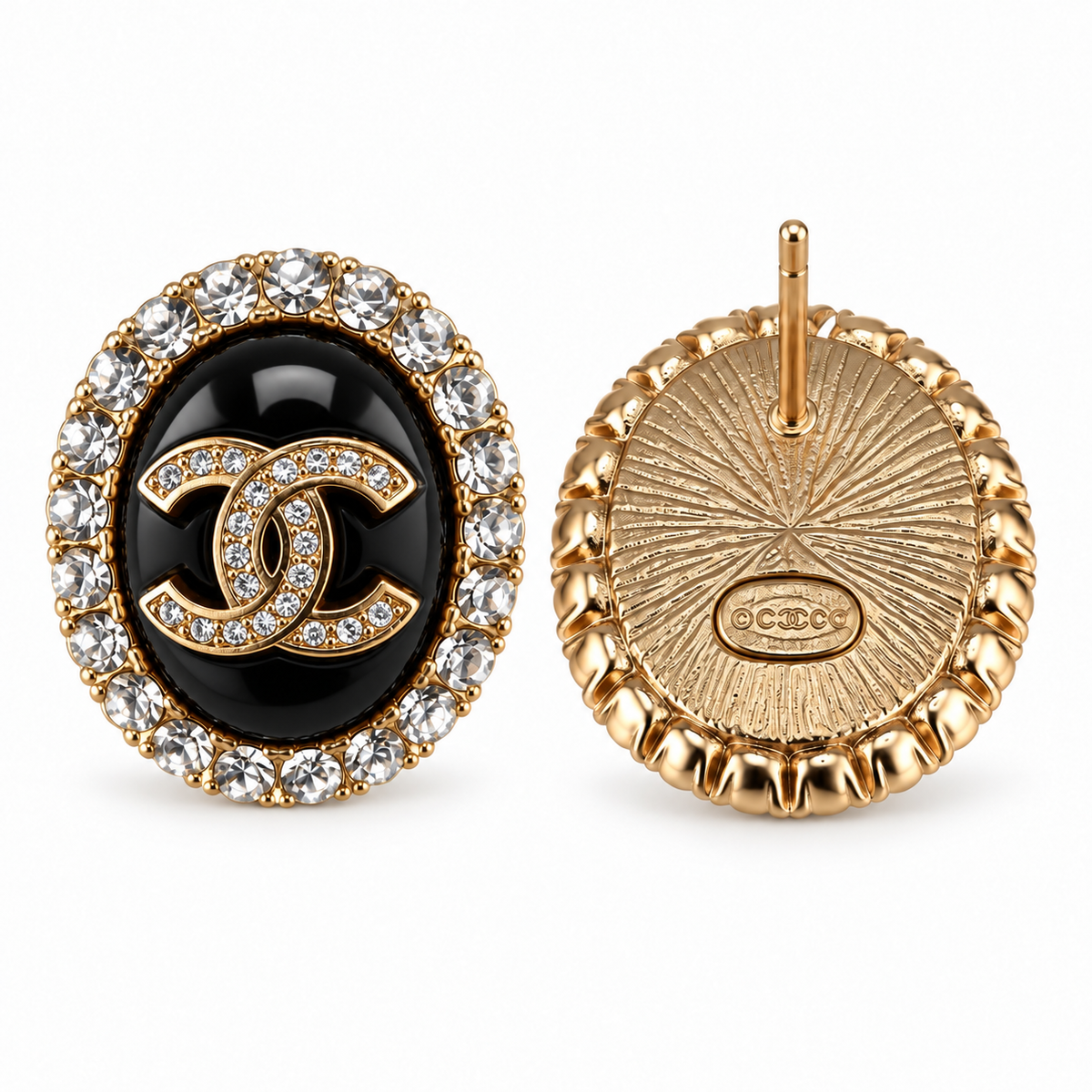 Luxe Gold Oval Black & Crystal Stud Earrings