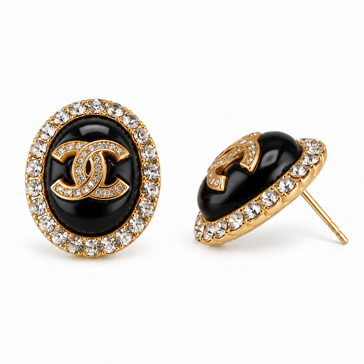 Luxe Gold Oval Black & Crystal Stud Earrings
